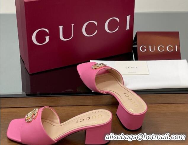 Modern Gucci Leather Heel Slides Sandal 5.5cm with Strass Double G Dark Pink 2025 817257