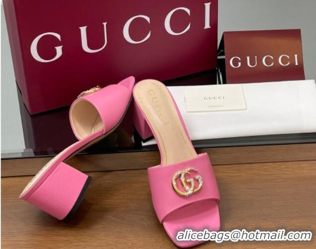 Modern Gucci Leather Heel Slides Sandal 5.5cm with Strass Double G Dark Pink 2025 817257