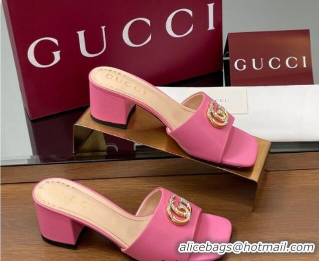 Modern Gucci Leather Heel Slides Sandal 5.5cm with Strass Double G Dark Pink 2025 817257