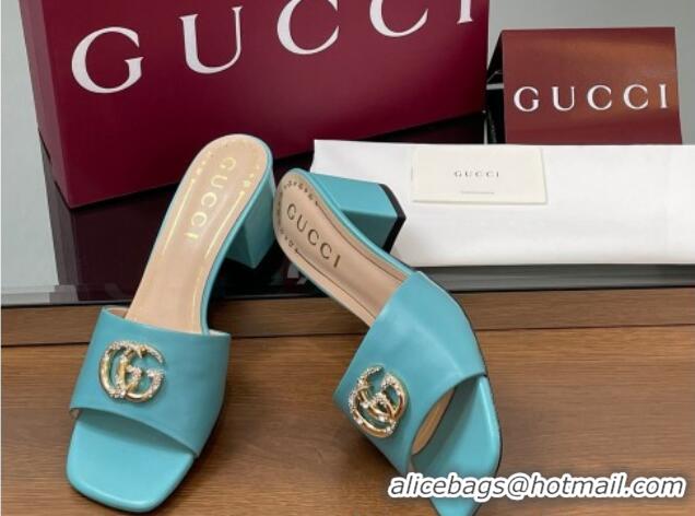 Sumptuous Gucci Leather Heel Slides Sandal 5.5cm with Strass Double G Blue 2025 817257
