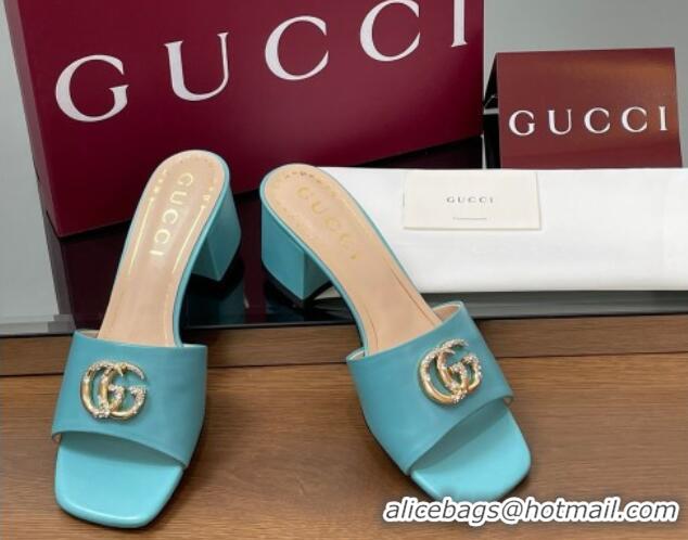 Sumptuous Gucci Leather Heel Slides Sandal 5.5cm with Strass Double G Blue 2025 817257