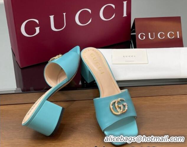 Sumptuous Gucci Leather Heel Slides Sandal 5.5cm with Strass Double G Blue 2025 817257