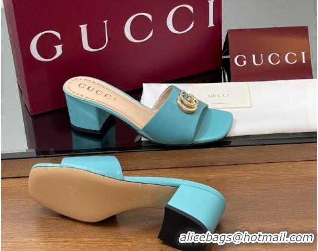 Sumptuous Gucci Leather Heel Slides Sandal 5.5cm with Strass Double G Blue 2025 817257