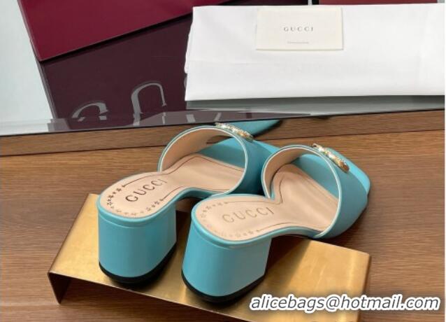 Sumptuous Gucci Leather Heel Slides Sandal 5.5cm with Strass Double G Blue 2025 817257