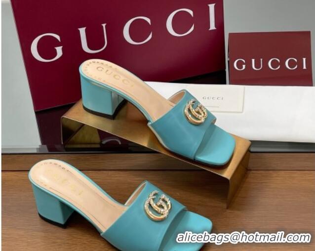 Sumptuous Gucci Leather Heel Slides Sandal 5.5cm with Strass Double G Blue 2025 817257