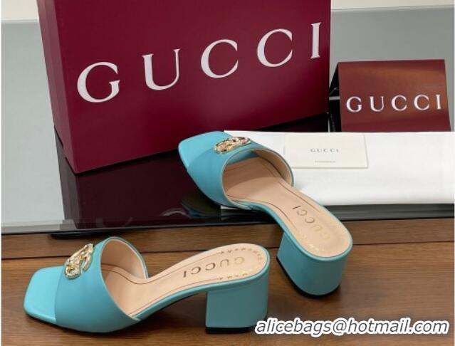 Sumptuous Gucci Leather Heel Slides Sandal 5.5cm with Strass Double G Blue 2025 817257