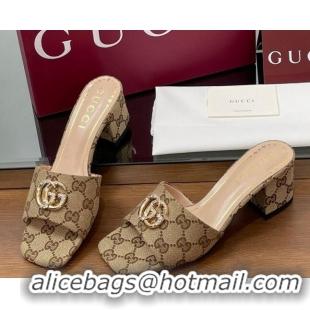 Stylish Gucci GG Canvas Heel Slides Sandal 5.5cm with Strass Double G Beige 2025 817257
