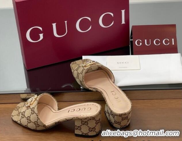 Stylish Gucci GG Canvas Heel Slides Sandal 5.5cm with Strass Double G Beige 2025 817257
