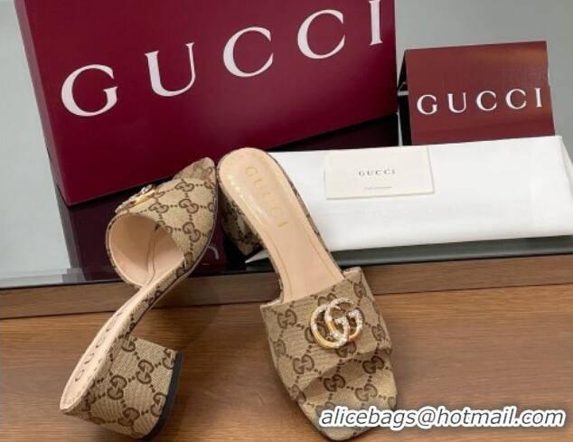 Stylish Gucci GG Canvas Heel Slides Sandal 5.5cm with Strass Double G Beige 2025 817257