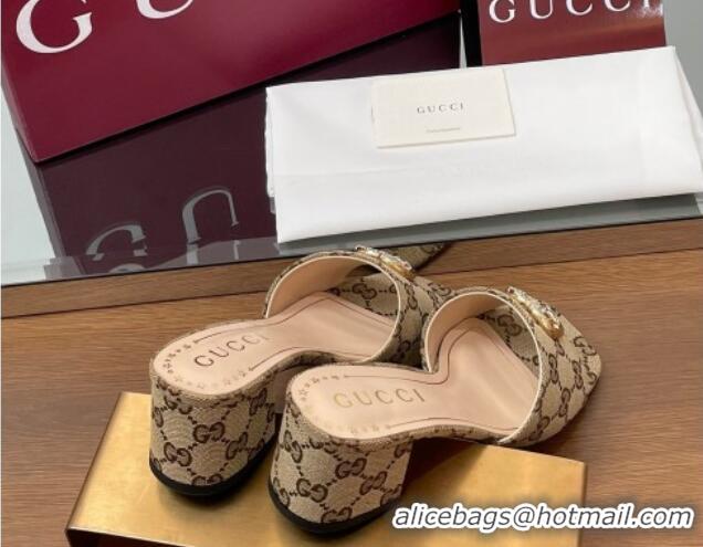 Stylish Gucci GG Canvas Heel Slides Sandal 5.5cm with Strass Double G Beige 2025 817257