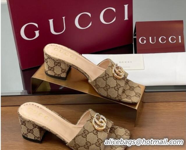 Stylish Gucci GG Canvas Heel Slides Sandal 5.5cm with Strass Double G Beige 2025 817257