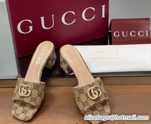 Stylish Gucci GG Canvas Heel Slides Sandal 5.5cm with Strass Double G Beige 2025 817257