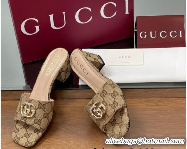 Stylish Gucci GG Canvas Heel Slides Sandal 5.5cm with Strass Double G Beige 2025 817257