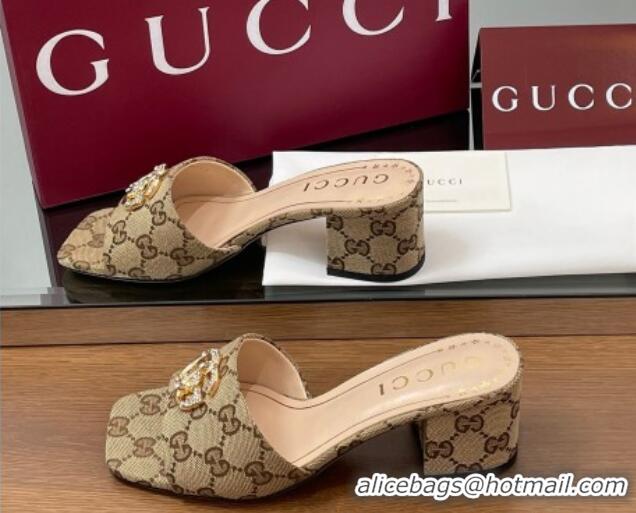 Stylish Gucci GG Canvas Heel Slides Sandal 5.5cm with Strass Double G Beige 2025 817257