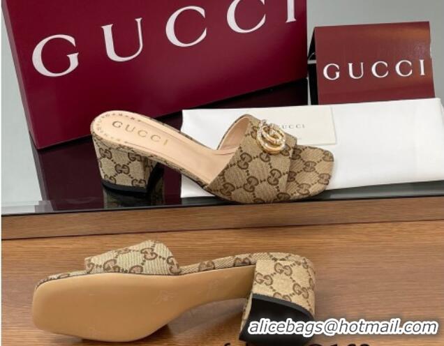 Stylish Gucci GG Canvas Heel Slides Sandal 5.5cm with Strass Double G Beige 2025 817257