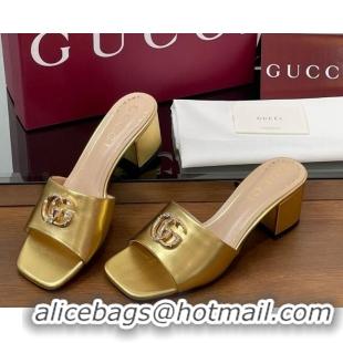 Perfect Gucci Leather Heel Slides Sandal 5.5cm with Strass Double G Yellow Gold 2025 817257
