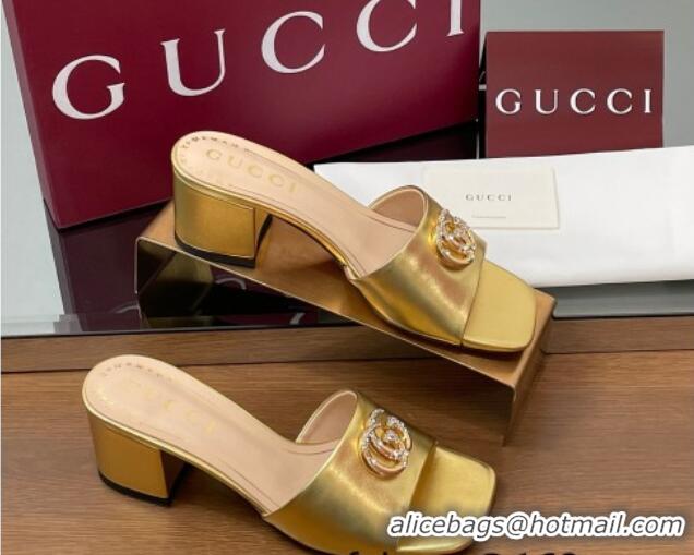 Perfect Gucci Leather Heel Slides Sandal 5.5cm with Strass Double G Yellow Gold 2025 817257