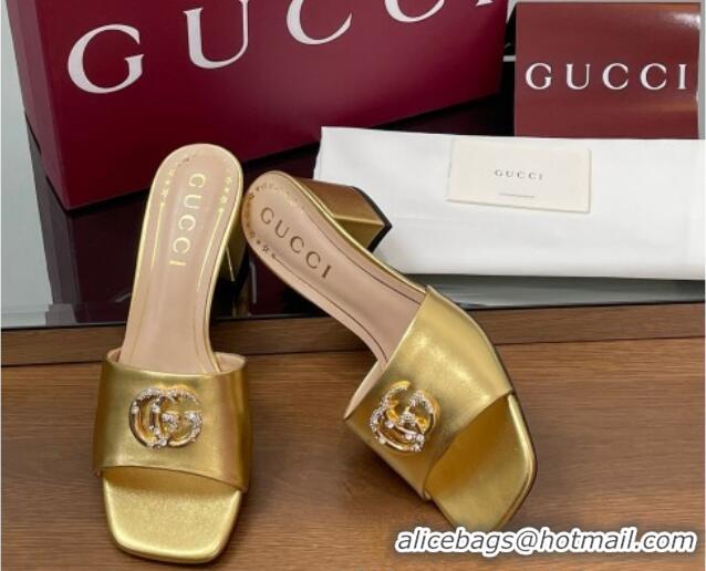 Perfect Gucci Leather Heel Slides Sandal 5.5cm with Strass Double G Yellow Gold 2025 817257