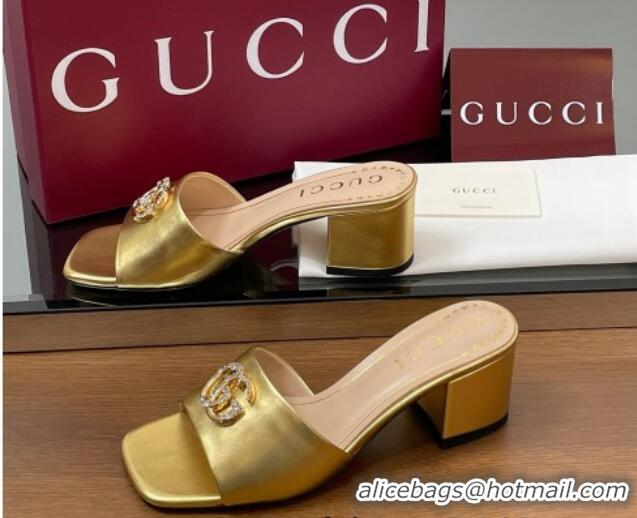 Perfect Gucci Leather Heel Slides Sandal 5.5cm with Strass Double G Yellow Gold 2025 817257