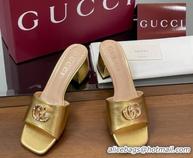 Perfect Gucci Leather Heel Slides Sandal 5.5cm with Strass Double G Yellow Gold 2025 817257