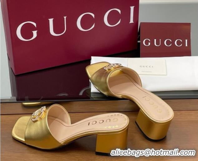 Perfect Gucci Leather Heel Slides Sandal 5.5cm with Strass Double G Yellow Gold 2025 817257