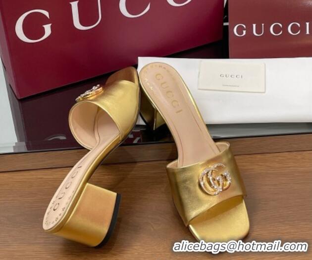 Perfect Gucci Leather Heel Slides Sandal 5.5cm with Strass Double G Yellow Gold 2025 817257