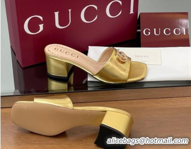 Perfect Gucci Leather Heel Slides Sandal 5.5cm with Strass Double G Yellow Gold 2025 817257