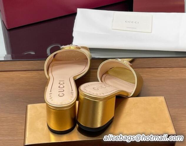 Perfect Gucci Leather Heel Slides Sandal 5.5cm with Strass Double G Yellow Gold 2025 817257