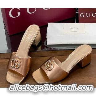Comfortable Gucci Leather Heel Slides Sandal 5.5cm with Strass Double G Rose Gold 2025 817257