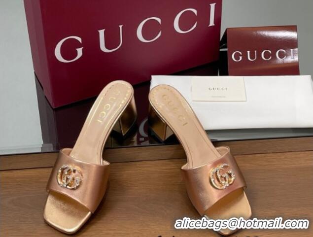 Comfortable Gucci Leather Heel Slides Sandal 5.5cm with Strass Double G Rose Gold 2025 817257