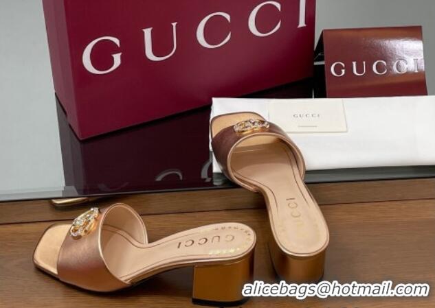 Comfortable Gucci Leather Heel Slides Sandal 5.5cm with Strass Double G Rose Gold 2025 817257