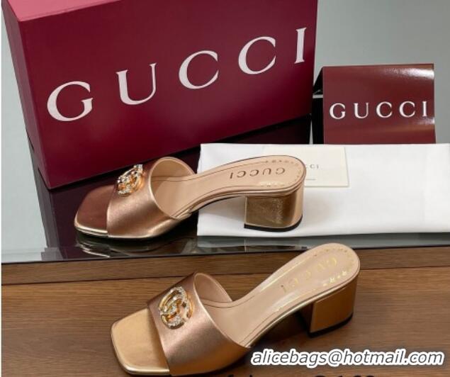 Comfortable Gucci Leather Heel Slides Sandal 5.5cm with Strass Double G Rose Gold 2025 817257