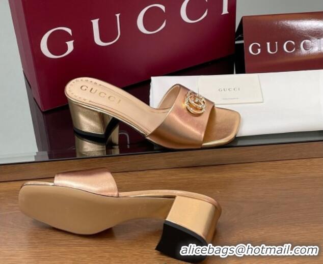 Comfortable Gucci Leather Heel Slides Sandal 5.5cm with Strass Double G Rose Gold 2025 817257
