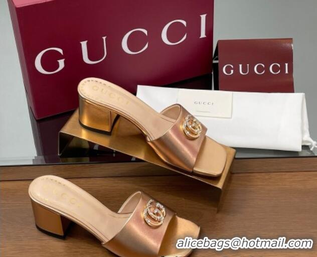Comfortable Gucci Leather Heel Slides Sandal 5.5cm with Strass Double G Rose Gold 2025 817257