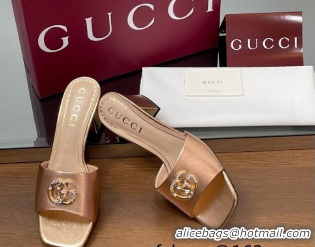 Comfortable Gucci Leather Heel Slides Sandal 5.5cm with Strass Double G Rose Gold 2025 817257