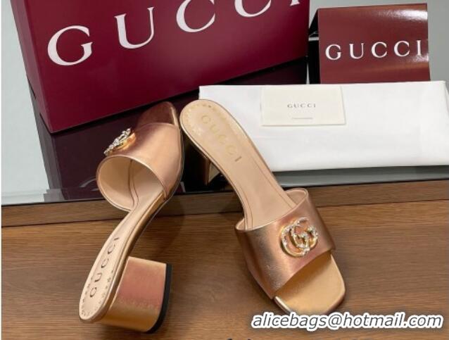 Comfortable Gucci Leather Heel Slides Sandal 5.5cm with Strass Double G Rose Gold 2025 817257