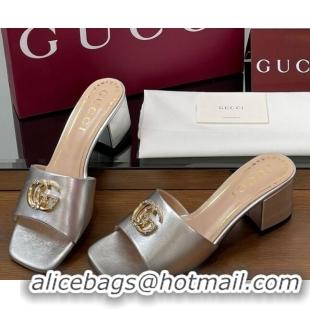 Expensive Gucci Leather Heel Slides Sandal 5.5cm with Strass Double G Silver 2025 817257