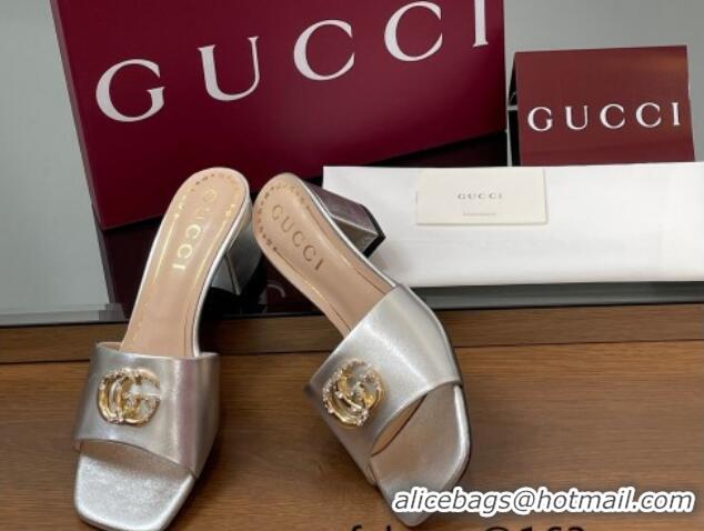 Expensive Gucci Leather Heel Slides Sandal 5.5cm with Strass Double G Silver 2025 817257