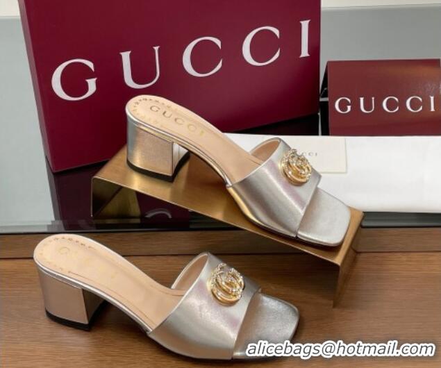 Expensive Gucci Leather Heel Slides Sandal 5.5cm with Strass Double G Silver 2025 817257