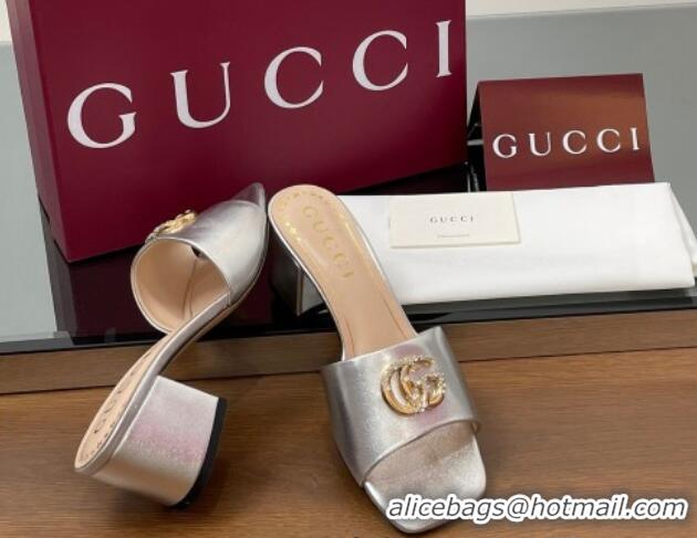 Expensive Gucci Leather Heel Slides Sandal 5.5cm with Strass Double G Silver 2025 817257