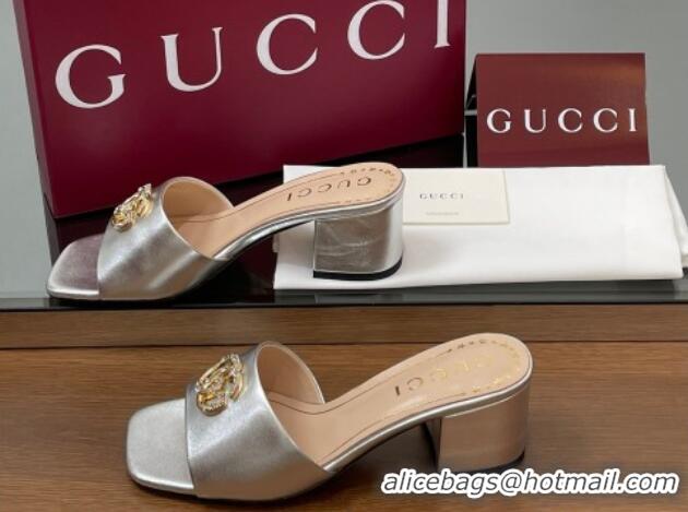 Expensive Gucci Leather Heel Slides Sandal 5.5cm with Strass Double G Silver 2025 817257
