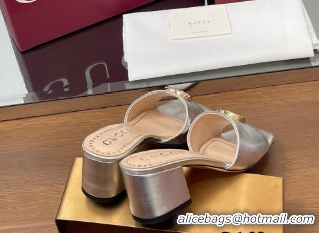Expensive Gucci Leather Heel Slides Sandal 5.5cm with Strass Double G Silver 2025 817257