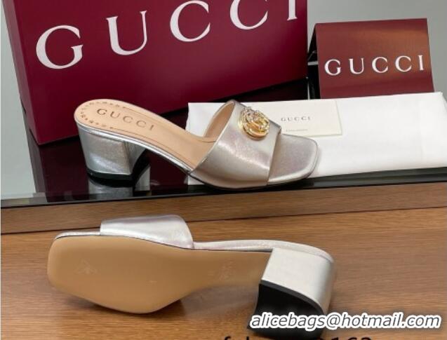 Expensive Gucci Leather Heel Slides Sandal 5.5cm with Strass Double G Silver 2025 817257