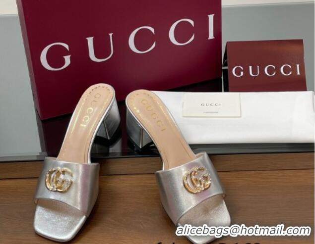 Expensive Gucci Leather Heel Slides Sandal 5.5cm with Strass Double G Silver 2025 817257