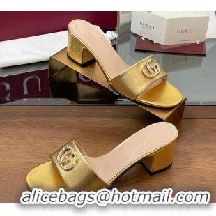 Fashion Gucci Leather Heel Slides Sandal 5cm with Strass Double G Yellow Gold 2025 GG042301