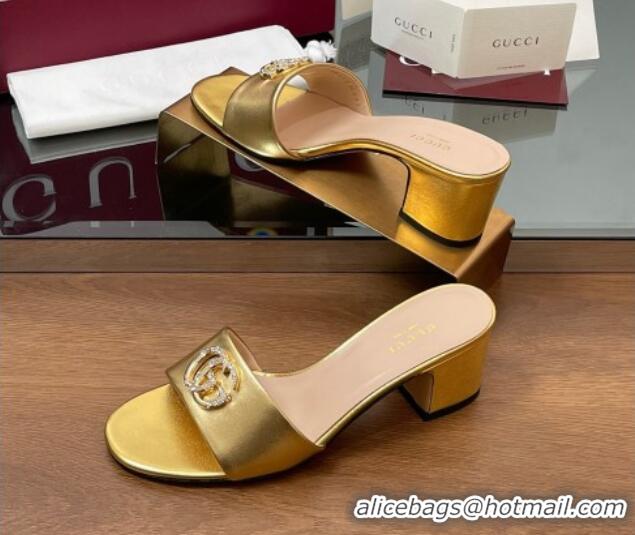 Fashion Gucci Leather Heel Slides Sandal 5cm with Strass Double G Yellow Gold 2025 GG042301