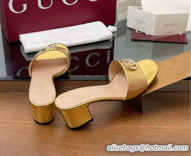 Fashion Gucci Leather Heel Slides Sandal 5cm with Strass Double G Yellow Gold 2025 GG042301