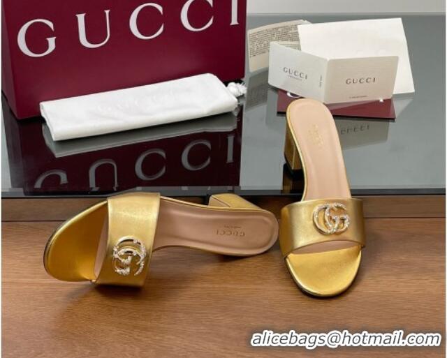 Fashion Gucci Leather Heel Slides Sandal 5cm with Strass Double G Yellow Gold 2025 GG042301