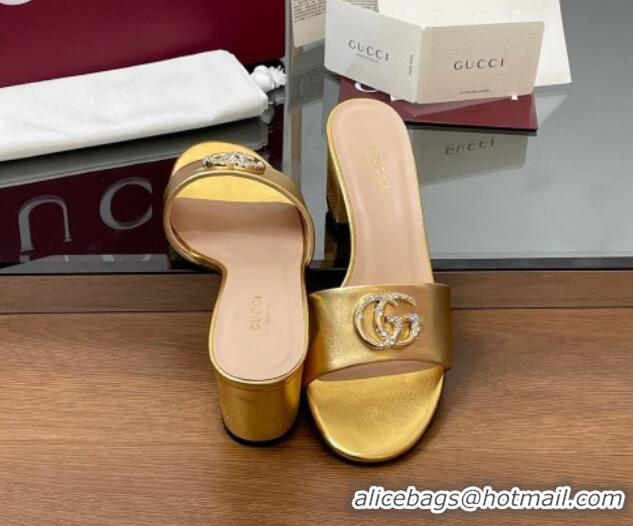 Fashion Gucci Leather Heel Slides Sandal 5cm with Strass Double G Yellow Gold 2025 GG042301