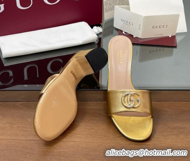 Fashion Gucci Leather Heel Slides Sandal 5cm with Strass Double G Yellow Gold 2025 GG042301